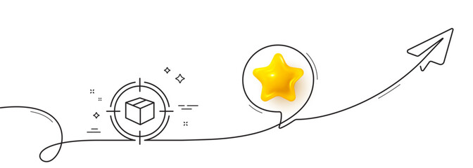 Parcel tracking line icon. Continuous line with share plane. Delivery monitoring sign. Shipping box in target symbol. 3d star in speech bubble. Parcel tracking single line ribbon. Vector