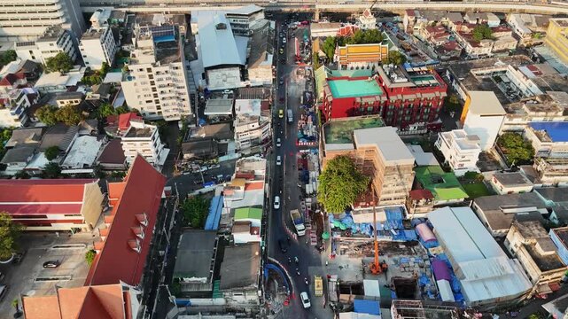 Busy Downtown Bangkok at Sunset aerial view of city