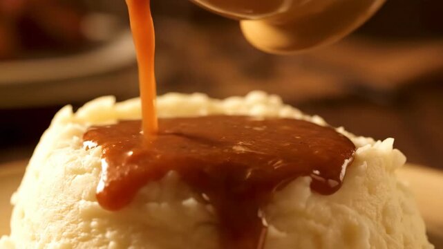 Delicious creamy mashed potatoes with gravy on dinner plate