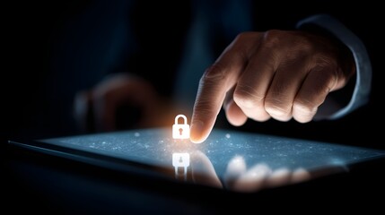 Businessperson entering a password on a sleek tablet, glowing lock icon, cyber security interface, protecting confidential financial data, online banking and wealth management dashboard 