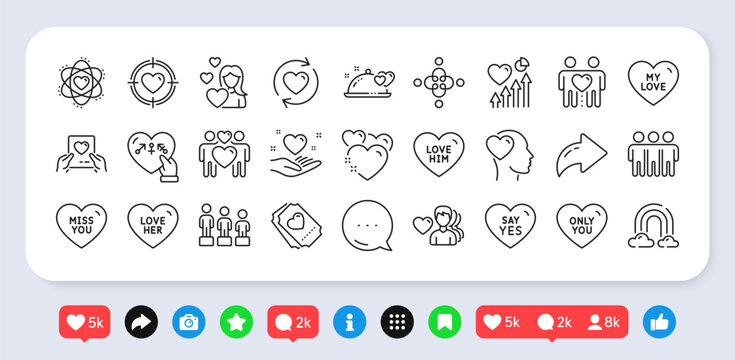 Update relationships, Say yes and Heart line icons pack. Social media: share, comment, like icons. My love, Romantic dinner, Man love web icon. Heart beat, Genders, Friendship pictogram. Vector