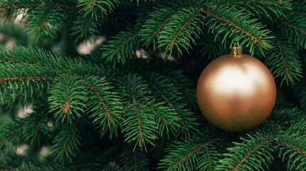 Obraz premium Golden Christmas ball with copy space on a lush green tree. Advertising banners or creative projects.
