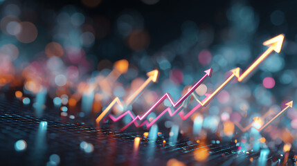 Dynamic graph display illustrating financial growth through vibrant arrows and colorful data representation.