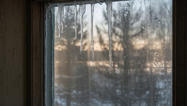 Icicles hanging from a window on a winter afternoon, emphasizing seasonal weather patterns