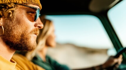A stylish couple drives through a scenic landscape, highlighting their companionship and adventurous spirit while experiencing the joy of exploration in a vintage vehicle.
