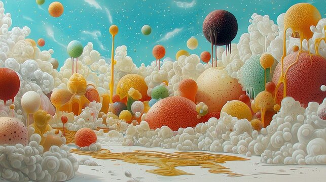 A surreal and colorful landscape with spherical shapes, clouds, and a dreamy atmosphere.