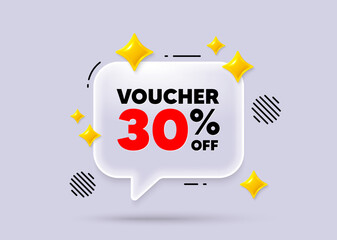 Coupon chat speech bubble. Social media concept. Voucher 30 percent off sale. Special offer coupon sign. Black friday discount symbol. 3d sparkles chat bubble. Vector