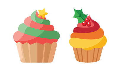 3 Festive Christmas Cupcake Icons Collection Featuring Decorative Holiday-Themed Sweet Treats for Seasonal Vector Design Projects