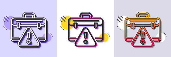 Warning briefcase line icon. Halftone dotted pattern. Gradient icon with grain shadow. Attention triangle sign. Caution diplomat symbol. Line warning briefcase icon. Various designs. Vector