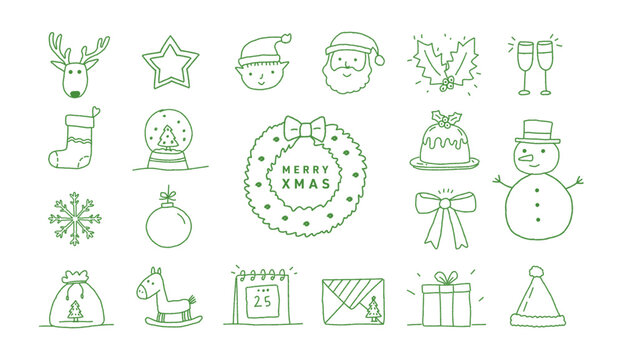 Chalk-crayon retro doodle Christmas and New Year hand-drawn vintage icons:reindeer, star, Santa, holly, stocking, snow globe, wreath, pudding, snowman,snowflake,gift,calendar, rocking horse,Santa hat.