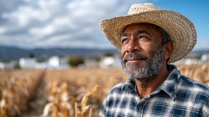 Fototapeta premium An introspective farmer stands proudly amidst a field of golden corn, symbolizing hard work, resilience, and the connection to the land.