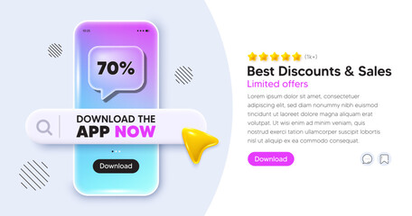 Discount mobile phone banner. App chat speech bubble. 70 percent off sale tag. Discount offer price sign. Special offer symbol. Phone template with search bar. Download the app now. Vector