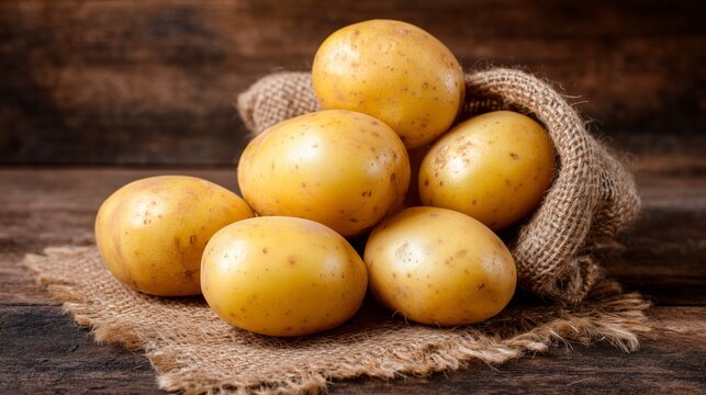 Freshly harvested raw potatoes spilling from a burlap sack on a dark rustic wooden surface - Powered by Adobe