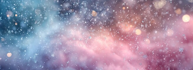 Winter scene shows falling snow, bokeh lights and soft pastel hues of blue, pink, and purple