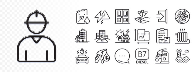 Radiator, Diesel canister and Building energy line icons for web app. Glare of light effect. Message icon. Pack of Petrol station, Skyscraper buildings, Engineer pictogram icons. Vector