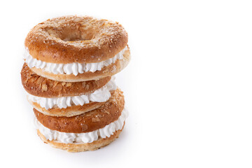 Traditional Spanish Roscon de Reyes filled with cream isolated on white background. Copy space
