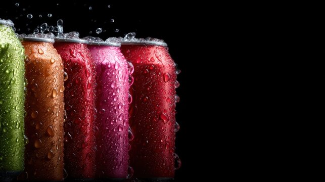 A vibrant display of soda cans glistening with droplets, showcasing a refreshing beverage experience, perfect for conveying products related to drinks and thirst.