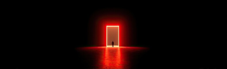 Obraz premium A silhouetted person stands before a vibrant red-lit doorway in a stark, black environment