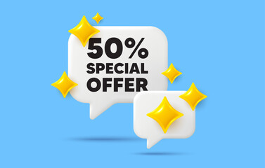 Discount chat speech bubble. Social media concept. 50 percent discount offer tag. Sale price promo sign. Special offer symbol. 3d sparkles chat bubble. Vector