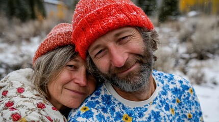 A couple embraces in a snowy landscape, their colorful hats contrasting with the winter scenery, capturing the warmth of love and connection amidst a chilly environment.