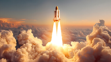 A Vision of Ascent: An inspiring image of a rocket soaring triumphantly into the sky, leaving a trail of fire and smoke as it pierces through a sea of clouds. Capture the essence of innovation.