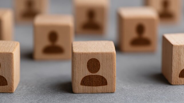Organizing wooden cubes with people icons to establish hr structure standards in business environment