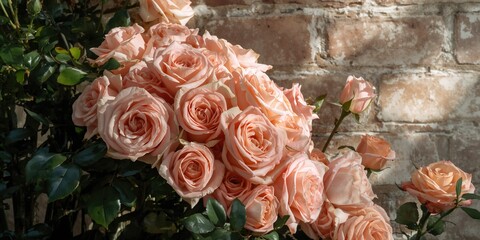 Pink roses against a stone wall, floral arrangement for garden decoration, Nature, Earth Day