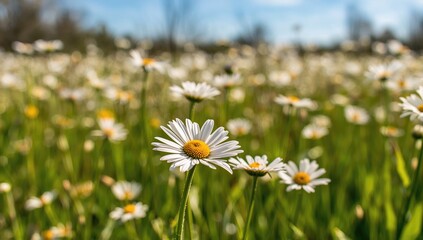 Wild daisies flourishing in a spring meadow, seasonal change