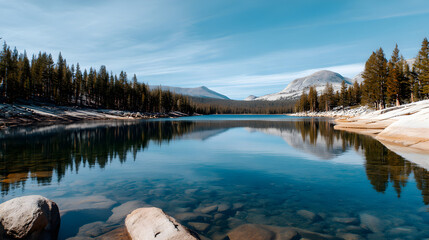 Serene Lakeside Panorama: A vast and tranquil lake mirrors the clear blue sky, embraced by a lush evergreen forest and majestic snow-capped mountains in the distance.