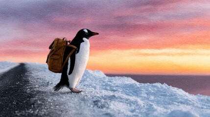 A charming penguin wearing a backpack stands confidently on a snowy edge, ready for an exciting expedition, inviting viewers to imagine adventures in a beautiful wintry landscape.
