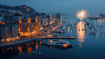 Fototapeta premium Coastal City Skyline Ablaze with Fireworks Display Over Harbor at Dusk with Numerous Yachts Illuminated Boats and Lively Waterfront Lined with Buildings Glowing with Warm Light