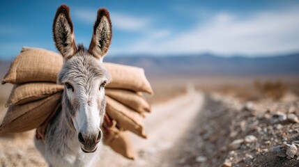 A donkey loaded with bags walks along a deserted dirt path, illustrating themes of hard work, perseverance, and the simplicity of rural life in a stark, arid landscape.