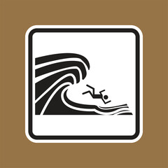 Warning Sign for Water Danger with Surfer Falling into Waves