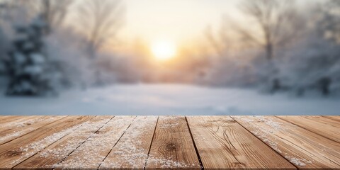 Snow-covered wooden surface with frost, suitable for seasonal design projects, winter landscape background
