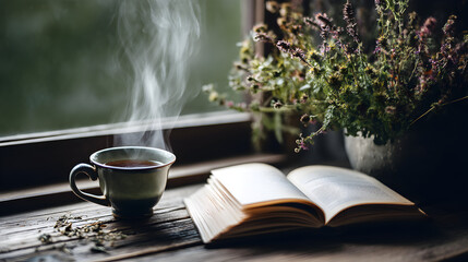 Cozy Reading Nook: A steaming cup of tea and an open book on a wooden surface, nestled by a window, embody a moment of tranquil escape and literary delight. 