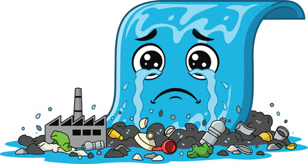 Sad polluted water cartoon illustration showing industrial waste, plastic trash, environmental contamination, eco awareness message, save clean water crisis concept