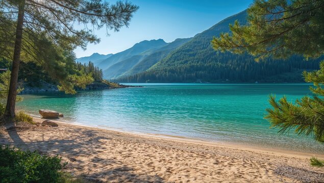 Scenic mountain vista with a tranquil bay featuring a pristine lake and crystal blue water, ideal for nature preservation awareness