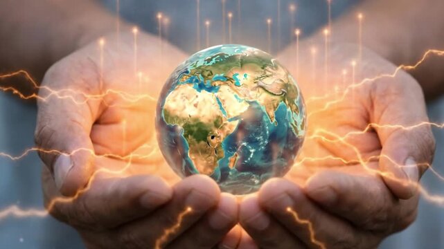 Hands holding a glowing earth with electrical energy streams symbolizing global power connection and sustainable technology concept