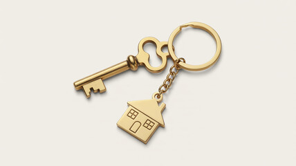 Golden House Shaped Keychain and Skeleton Key on a Light Background home real estate