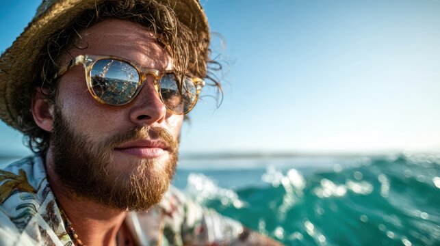 A young man with sunglasses gazes thoughtfully at the waves of the sea, embodying relaxation, freedom, and the connection between nature and personal reflection. - Powered by Adobe