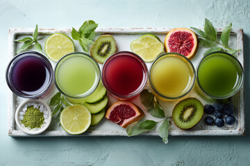 Vibrant detox juices with fresh fruits and herbs for a healthy lifestyle, offering a boost of energy and wellness, perfect for nutrition and dietary needs