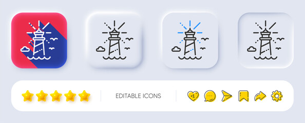 Lighthouse line icon. Neumorphic, Flat shadow, 3d buttons. Beacon tower sign. Searchlight building symbol. Line lighthouse icon. Social media icons. Vector