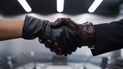 Two gloved hands clasping in a firm handshake within a modern office environment with overhead lighting and blurred background elements