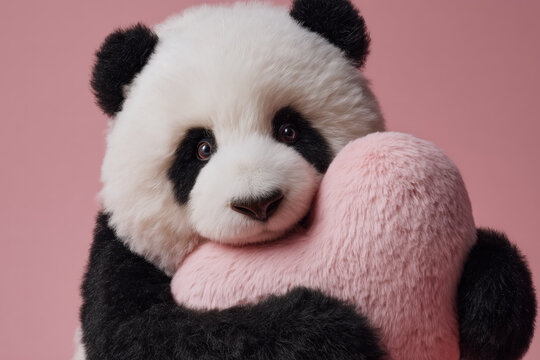 Adorable panda hugging a pink heart for Valentine's Day or loving animal adoption campaigns, a sweet and endearing message of love and care for animals - Powered by Adobe