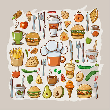 A vibrant assortment of hand-drawn food and drink doodles, featuring various delicious meals, snacks, and beverages for a cheerful culinary theme