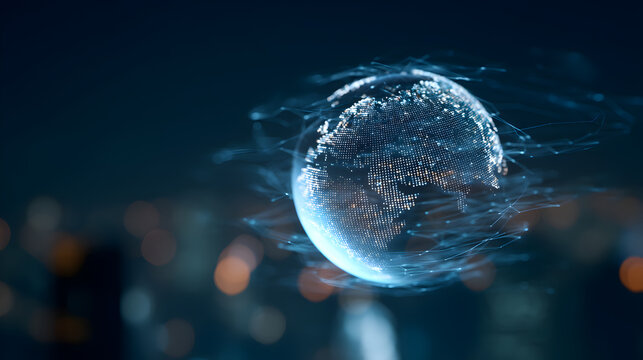 Global Network: A digital rendering of the Earth, illuminated with intricate data streams, hovers against the backdrop of a blurred cityscape, symbolizing interconnectedness. - Powered by Adobe
