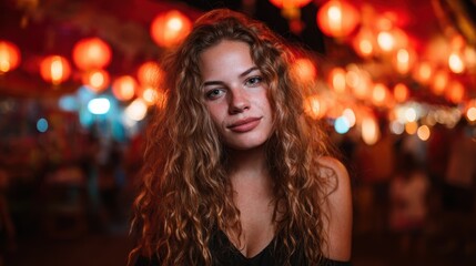 Fototapeta premium A young woman stands confidently in front of vibrant festival lights, with her curly hair framing her face, radiating youthful energy and capturing the lively spirit of celebration.