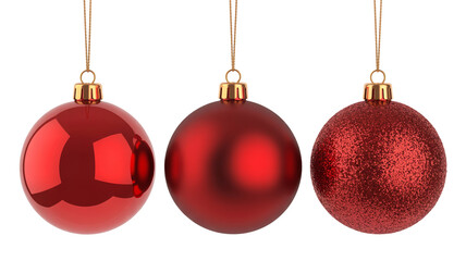 Three Red Christmas Ornaments with Different Textures Hanging on White Background decoration holiday