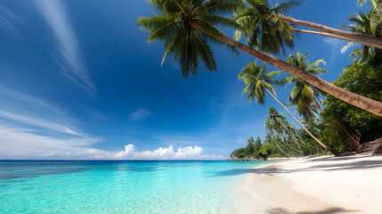 Paradise Shore: Captivating the essence of a serene tropical beach, where crystal-clear turquoise waters meet a pristine shore lined with swaying palm trees under a vibrant blue sky.