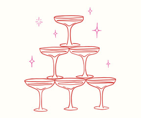 Cocktail glasses tower, vector design, whimsical sketch for party invitation